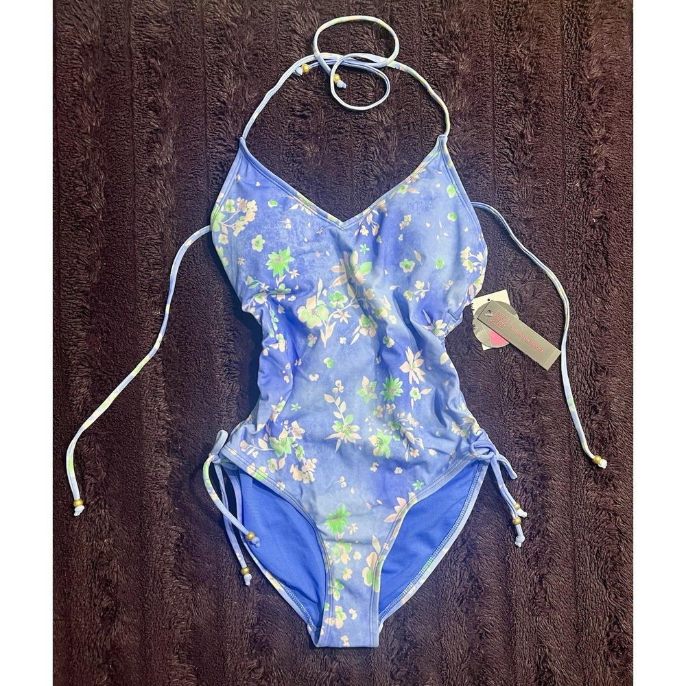 Blue Floral One Piece Swimsuit Side Tie Halter Lace Up Back